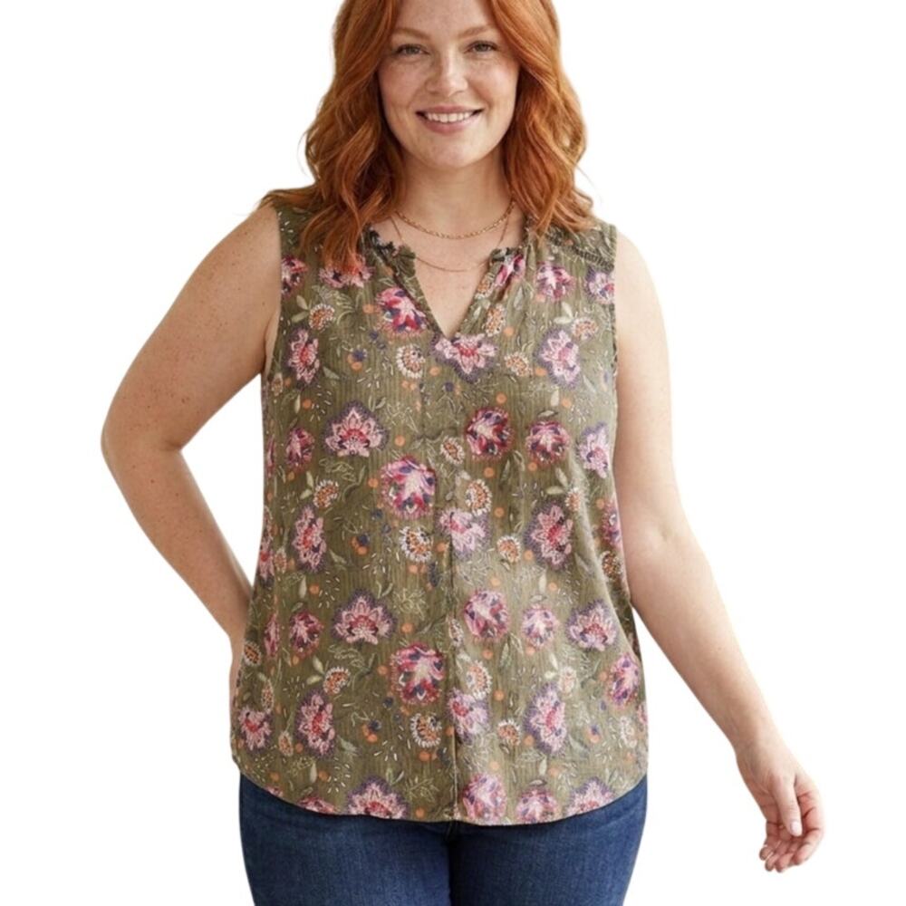 Lane Bryant Ruffle Textured Tank Womens Size 16 Olive Floral Notch Neck Pintuck